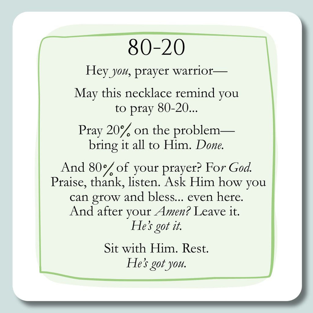 The 80-20 keepsake story card — about prayer, trusting more and worrying less, included with every Ruthfully Jewelry necklace